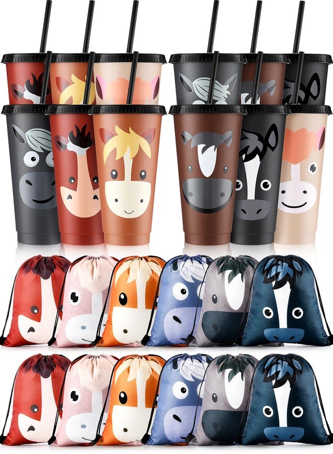 Mifoci 24 Pcs Horse Party Favors Supplies 12 Plastic Cups with Lids and Straws and 12 Drawstring Backpack 24oz Reusable Tumble Water Bottles Bag for Horse Themed Party Decorations - Image 1